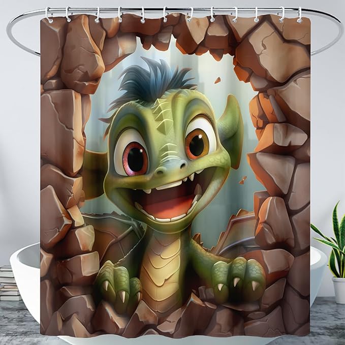 AILONEN Cartoon Dinosaur Shower Curtain for Kids,Funny Green Dinosaur Shower Curtain for Bathroom,Girls,Cute Animal Shower Curtain Set with Hooks,72" W*96" H