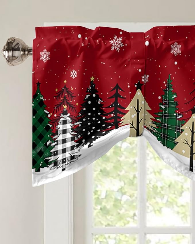 Red Merry Christmas Blackout Tie Up Valance Curtains for Kitchen Windows Green Christmas Tree Window Toppers Balloon Shades for Living Room/Bathroom/Bedroom,1 Panel, 60" X 18",White Snow Forest Winter