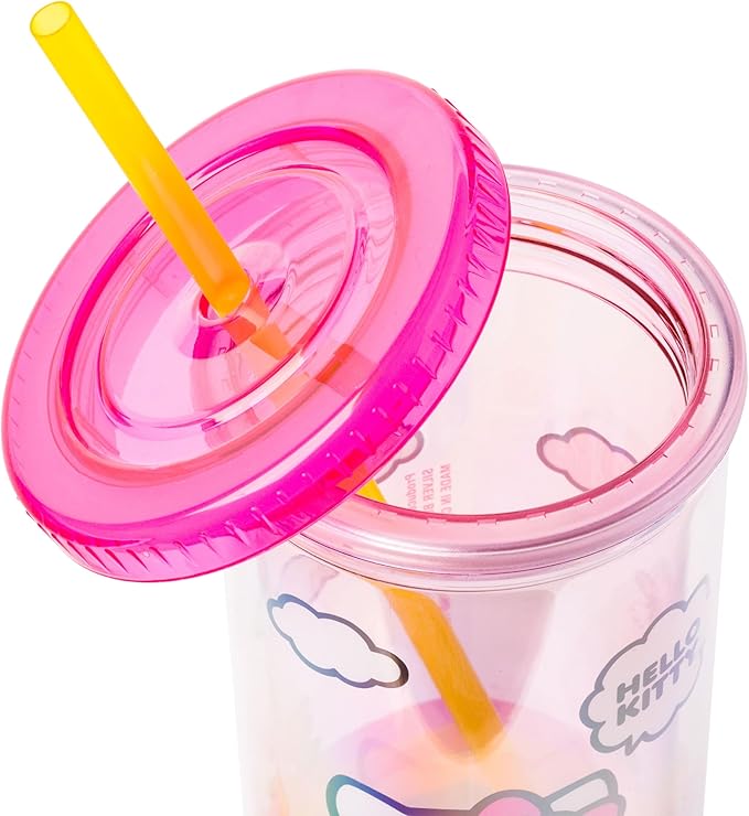 Silver Buffalo Sanrio Hello Kitty Spring and Summer Flowers Rainbow Stripes Plastic Cold Cup with Lid and Straw, 20 Ounces
