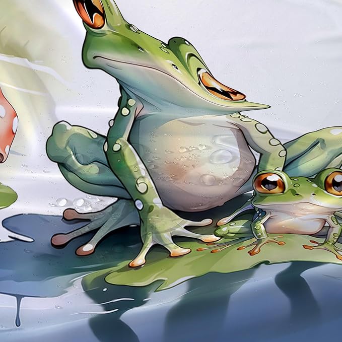 AILONEN Cartoon Frog Shower Curtain,Cute Green Frog Amphibious Animal Waterproof Fabric Bath Curtain for Kids Girls Boys,Red Mushroom Shower Curtain Set for Bathroom with Hooks,60" W*72" H