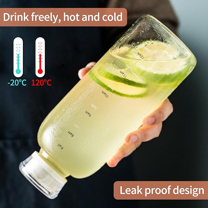 Glass water bottle With Time Marker -24oz with 2 caps and straw,Reusable Glass Drinking Bottles，Suitable For Drinks, Juices, Sodas, Coke, As Gifts Etc (Smoky 24oz)