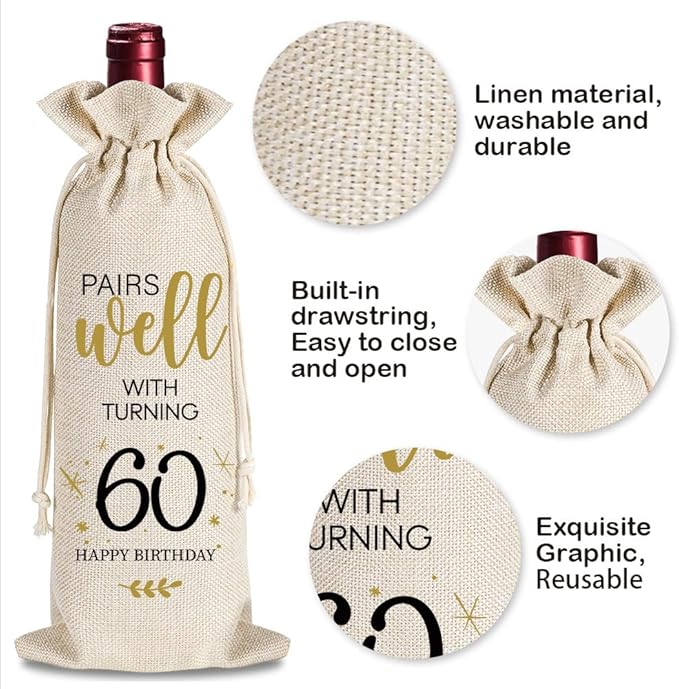 yaanunulu 60th Birthday Gifts for Women Men, 60 Years Old Birthday Wine Bag Gifts, 60th Birthday Decorations, 1964 Birthday Gift, Happy 60th Birthday Party Wine Bag Gifts, Pairs Well With Turning 60