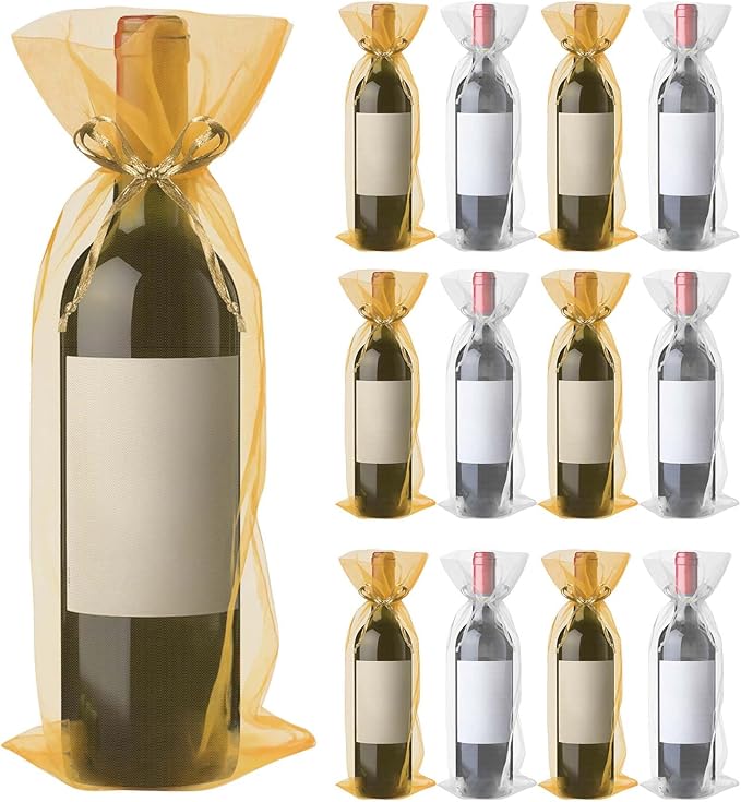 Megitzuu 20 Pieces Organza Wine Bags, 14.6 x 5.5 Inch Wine Gift Bag with Drawstring Sheer Mesh Wine Gift Pouches Bottle Covers for Halloween Christmas Wedding Party Favors (Gold+White)