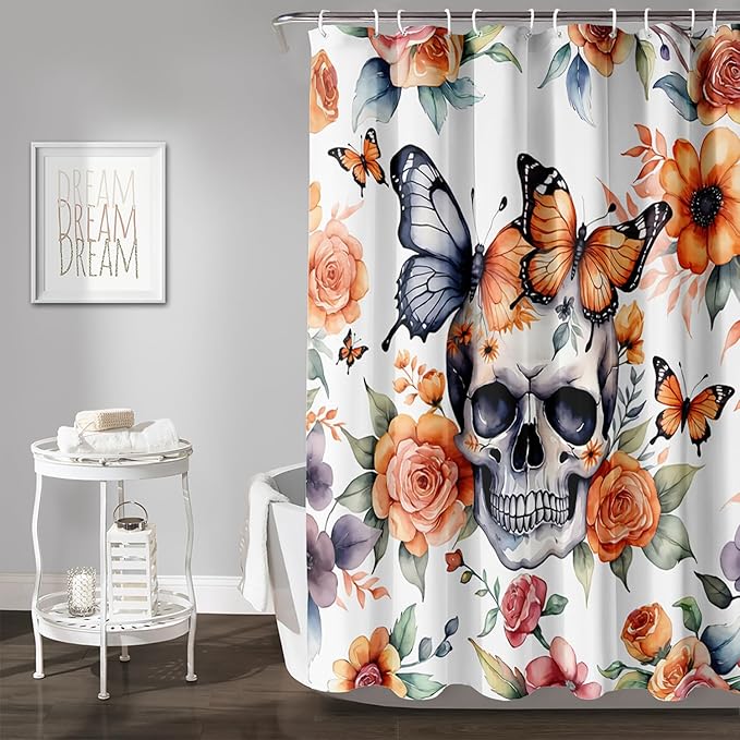 AILONEN 3D Sugar Skull Shower Curtain,Sunflower with Skeleton Design Shower Curtain Set with Hooks for Boys Girls,Butterfly Gothic Skull Waterproof Fabric Shower Curtain for Bathroom,60" W*72" H