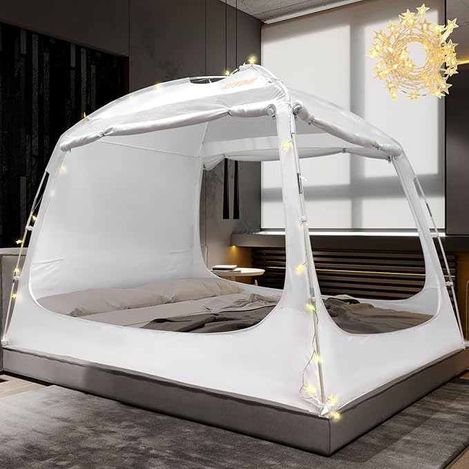 Bed Tent Bed Canopy Twin Size for Adult and Kids - Portable Sleeping Tents Indoor Dream Tents 70% Blackout with String Light 3 Doors Breathable Privacy Space Tents