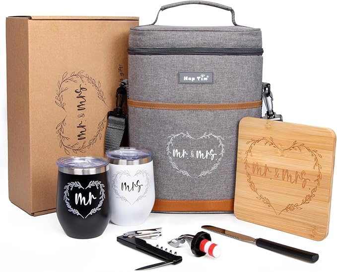 Hap Tim Wedding Gifts for Couples, Bridal Shower Gifts, Engagement Gifts for Newlyweds, Mr and Mrs Gifts - Wine Cooler Bag Insulated Wine Carrier Tote with Tumblers, Bamboo Cheese Borad (13624-G2)