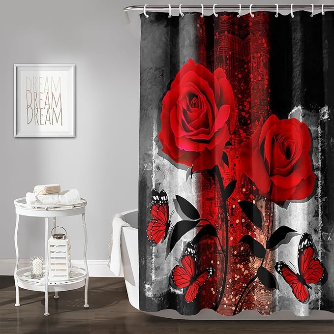 AILONEN Red Rose Shower Curtain for Bathroom, Romantic Rose Flower Bath Curtain,Grey Abstract Waterproof Floral Butterfly Print Shower Curtain Decoration with 12 Plastic Hooks, 72" W*84" H