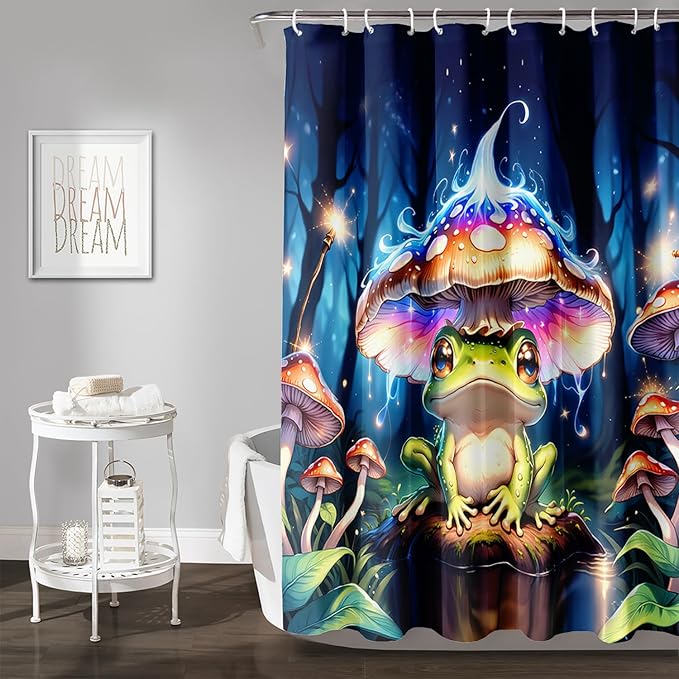 AILONEN Cartoon Frog Shower Curtain,Magic Mushroom Waterproof Fabric Bath Curtain for Kids Girls,Boho Style Tropical Amphibian Shower Curtain Set for Bathroom, 72" W*96" H