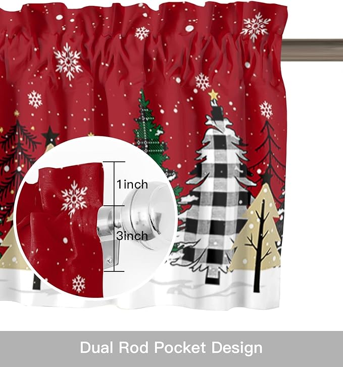 Red Merry Christmas Valance Curtains for Kitchen Windows Green Christmas Tree Rod Pocket Window Treatment Toppers for Kitchen/Living Room/Bedroom/Bathroom, 60" X 18", White Snow Forest Winter