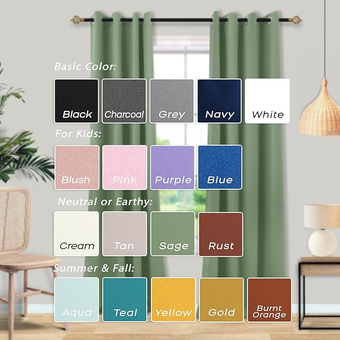 Mrs.Naturall 108 Inch Curtains,Grommet Room Darkening Drapes Blackout Curtains 108 Inches Long for Living Room 2 Panels Set,Sage Green