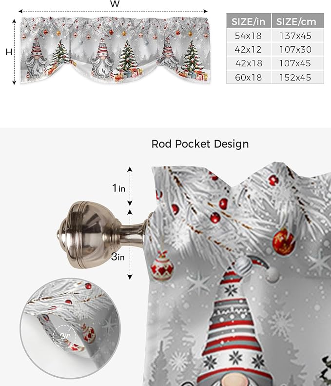 Christmas Gnome Blackout Tie Up Valance Curtains for Kitchen Windows Winter Merry Christmas Tree Balls Window Toppers Balloon Shades for Living Room/Bathroom/Bedroom,1 Panel, 42" X 18", Grey