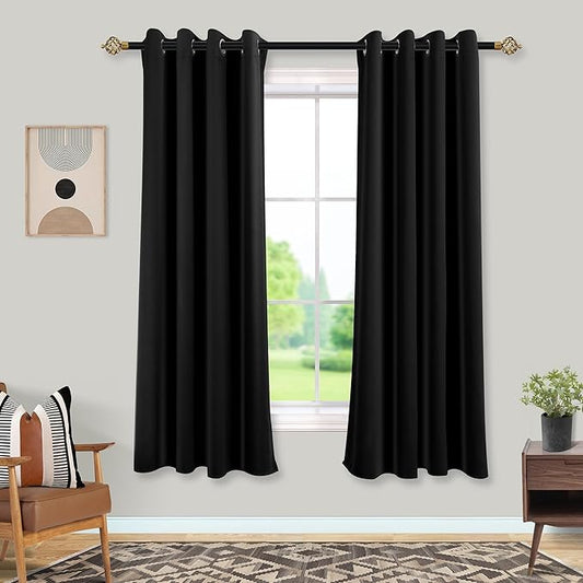 Mrs.Naturall Dark Curtains for Bedroom Windows,Thermal Insulated 100% Blackout Curtain Panels,63 Inch Length,2 Panels Set,Black