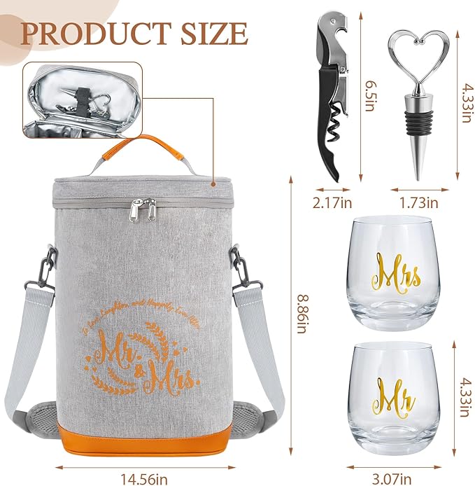 Cool Bridal Shower Gifts,Anniversary Wedding Gifts,Engagement Gifts for Couples 2024,Mr and Mrs Gifts - Insulated Wine Cooler Bag with Wine Glasses,Married Gifts for Newlyweds,Newly Engaged Couples