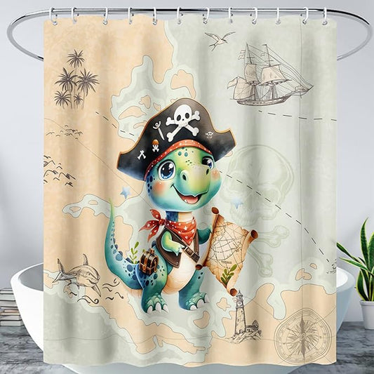AILONEN Cute Dinosaur Shower Curtain,Ocean Map Nautical Pirate Dinosaur Bath Curtain,Boys Exploring Captain Dinosaur Decoration Kids Curtain with 12 Plastic Hooks,Waterproof 36" W*72" H