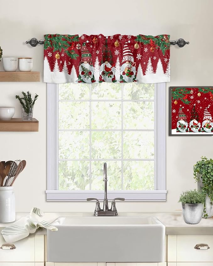 Christmas Gnomes Kitchen Curtains Valances for Windows Red Winter Holidays Rod Pocket Window Treatment for Kitchen /Living Room/Bedroom/ Bathroom,42" X 18" -1 Panel, White Snowflakes Xmas Trees