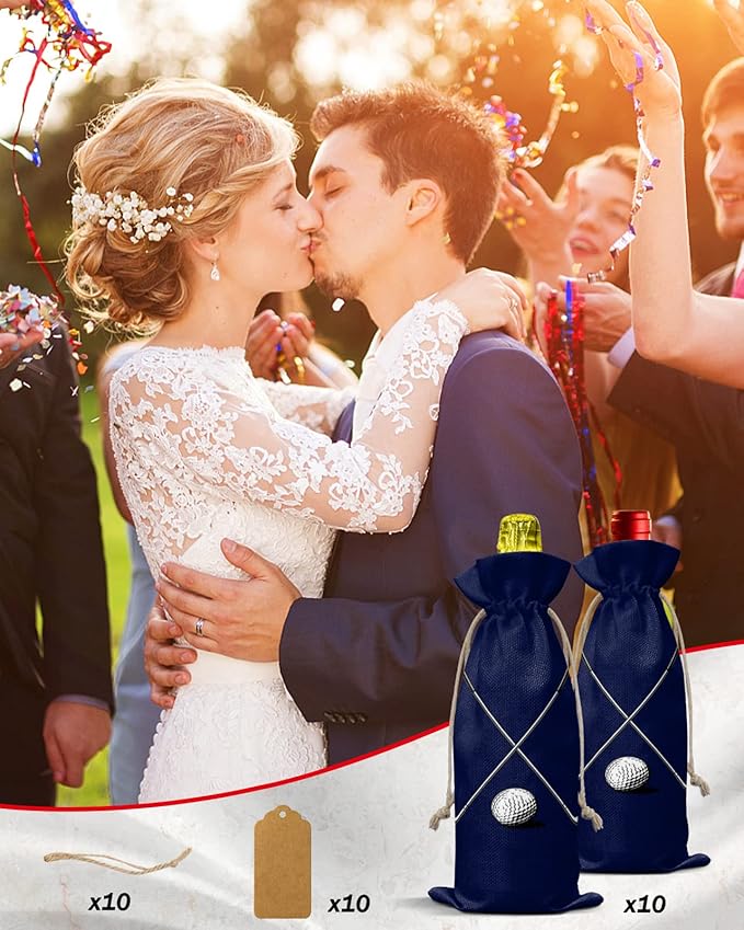 PIEPLE 10 Pack Wine Bottle Bags, Golf Club Wine Bottle Cover with Drawstring, Gift Bag for Champagne, Wedding, Birthday, Christmas, Thanksgiving, Party Golf Sport Navy Blue Modern Abstract Art