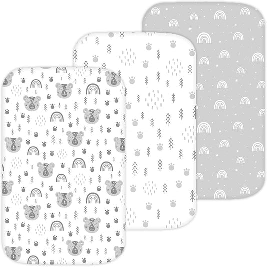 TansyPanda Bassinet Sheets for Bellababy, Besrey, AMKE, and Milliard Bedside Bassinet Sleeper, 3PC, 20 x 33 Inch, Ultra Soft, Breathable, Snug Fit, Unisex Boys, Girls, Gray White (Woodland Rainbow)