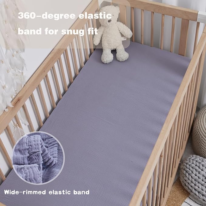 Muslin Neutral Crib Sheets for Boys & Girls 2 Pack Blue Set 28"x 52" Rutiwa Breathable Baby Sheets for Crib Organic Cotton Fitted Sheets for Toddler Bed & Standard Crib Mattress Boho Style