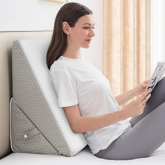 SASTTIE Wedge Pillow for Sleep Apnea, 12 Inch Bed Wedge Pillow for Back Pain Relief, Adjustable Memory Foam Pillow Wedges for Sleeping Acid Reflux, Shoulder Pain Relief and Snoring, Light Grey & White