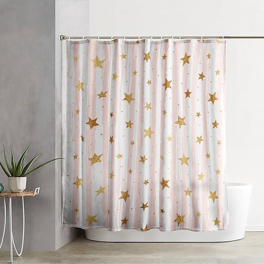 AILONEN Stars Shower Curtain, Pink Striped and Gold Stars Waterproof Shower Curtain,Simple Vintage Style Shower Curtain Liner for Girls Women Adults,72" W*84" H