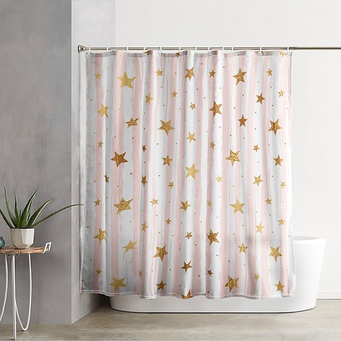 AILONEN Stars Shower Curtain, Pink Striped and Gold Stars Waterproof Shower Curtain,Simple Vintage Style Shower Curtain Liner for Girls Women Adults,60" W*72" H