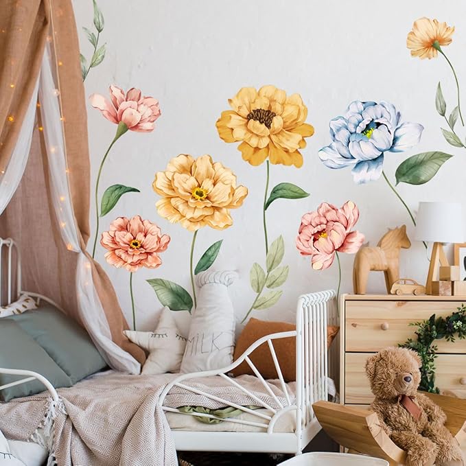 Large Flower Wall Decals Colorful Blossom Floral Wall Stickers Removable Wall Murals Peel and Stick Girls Bedroom Living Room Nursery Wall Decor