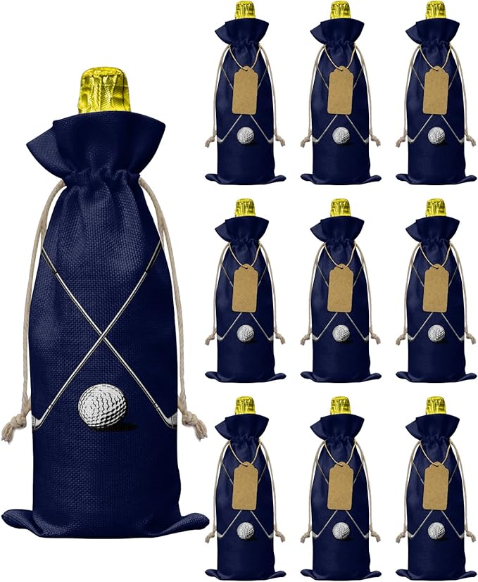 PIEPLE 10 Pack Wine Bottle Bags, Golf Club Wine Bottle Cover with Drawstring, Gift Bag for Champagne, Wedding, Birthday, Christmas, Thanksgiving, Party Golf Sport Navy Blue Modern Abstract Art