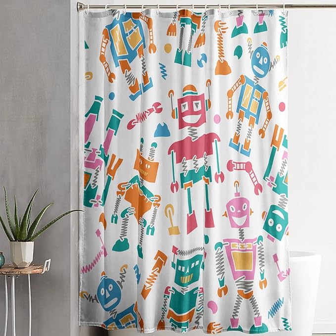 AILONEN Robots Shower Curtain,Modern Cartoon Super Robot Pattern Bathroom Decor for Boys Girls Teens Kids, 72" W*96" H Watercolor Robot Shower Curtain Set