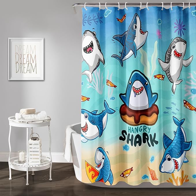 AILONEN Cartoon Shark Shower Curtain,Kawaii Donut Shark with Marine Life Bath Curtain Set for Kids Girls Boys,Fish Seaweed Fabric Shower Curtains for Bathroom, 72" W*96" H