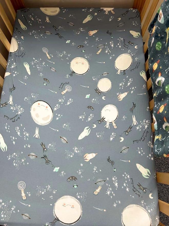 TotAha Space Crib Fitted Sheet, Super Stretchy Jersey Star Crib Sheets, Buttery Soft Boy Crib Mattress Sheets, Ultra Breathable Baby Bed Sheets 28x52x9 Extra Deep Pocket, 2 Pack