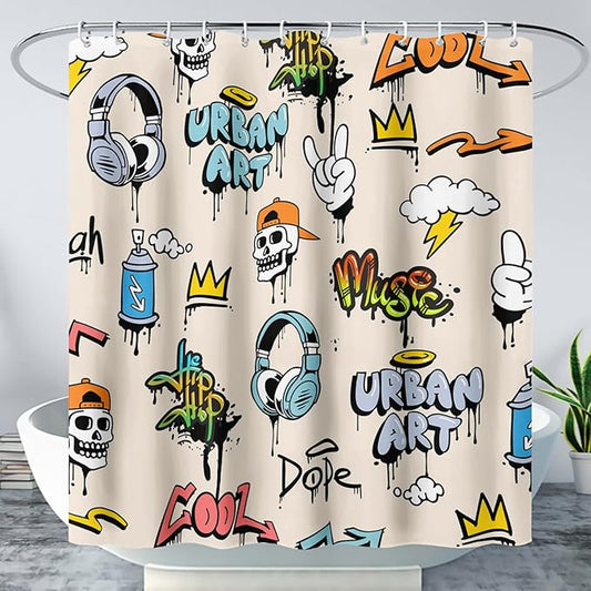 AILONEN Hip-Hop Skull Shower Curtains,Graffiti Music Bath Curtains,Printed Rock Curtains,Polyester Waterproof with 12 Hooks for Bathroom 72" W*78" H