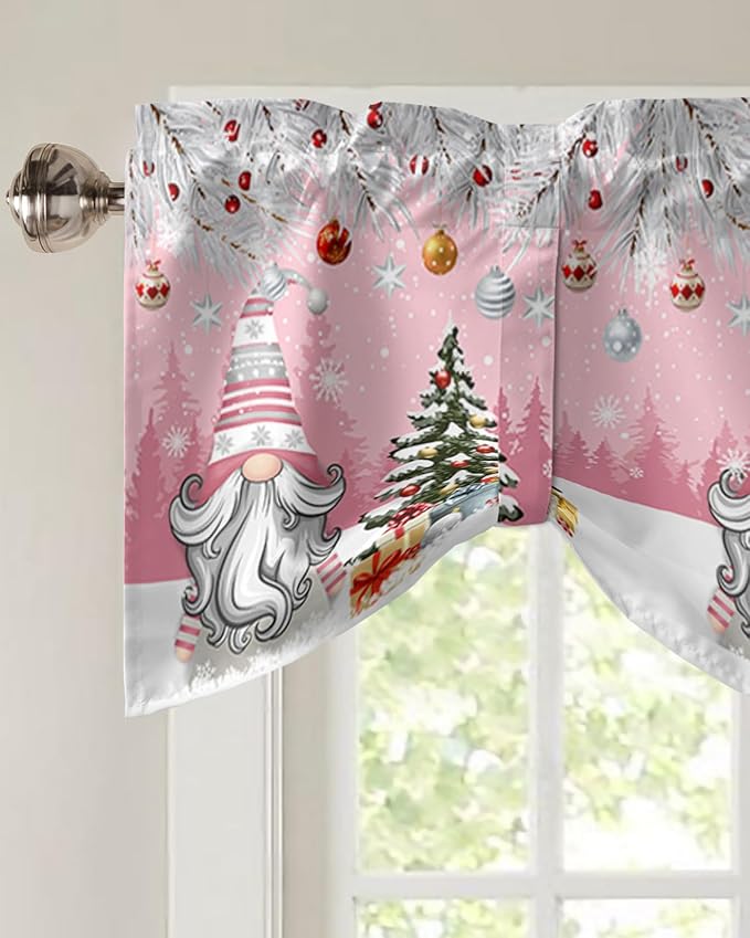 Christmas Gnome Blackout Tie Up Valance Curtains for Kitchen Windows Winter Merry Christmas Tree Balls Window Toppers Balloon Shades for Living Room/Bathroom/Bedroom,1 Panel, 54" X 18", Pink