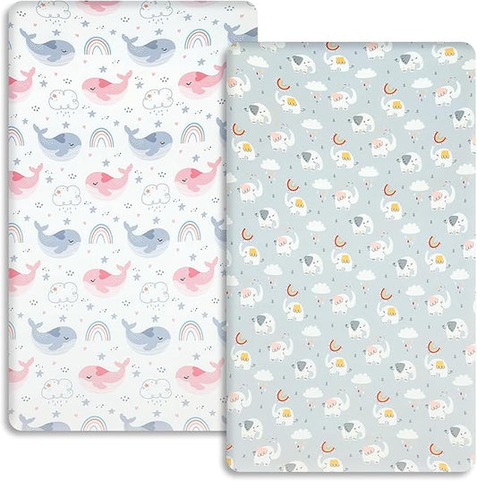 Pack n Play Fitted Sheet .2 Piece Mini Crib Sheet. Stretch Playard Sheet Portable Sheet Set. Elastic Convertible Playard Pad. Compatible with Graco Pack n Play (Rainbow Whale & Elephant)