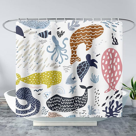 AILONEN Cartoon Dolphin Shower Curtain for Kids 72" W*72" H Inch,Colorful Whales Octopuses Pattern Shower Curtain,Marine Life Theme 12 Pack Hooks Polyester Waterproof Fabric Decor for Bathroom