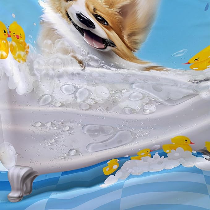 AILONEN 3D Bathtub Dog Shower Curtain for Kids 72" W*96" H Kawaii Shower Puppy and Bathtub Yellow Duck Shower Curtain,Polyester Waterproof Fabric Decor for Bathroom Bathtub Panels