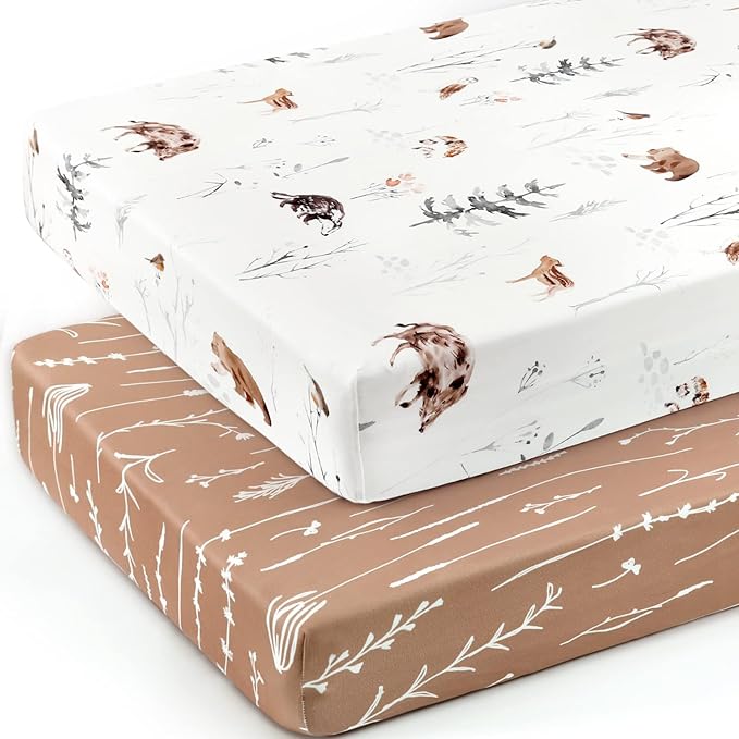 GRSSDER Stretch Ultra Soft Jersey Knit Fitted Crib Sheets Set 2 Pack，Fit All Standard Crib Mattress Pads Safe and Snug, Stylish Pattren of Jungle Animals