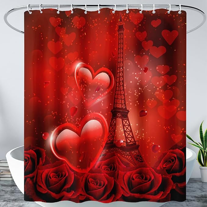 AILONEN Red Rose Shower Curtain for Bathroom, Romantic Eiffel Tower Love Hearts Printed Bathroom Curtain,48" W*72" H Polyester Waterproof Bath Curtain with 12 Hooks