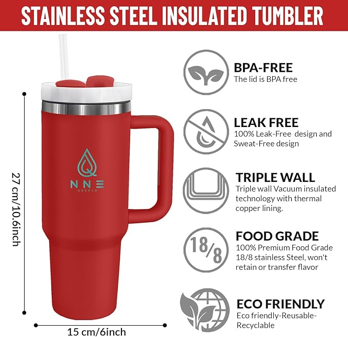 40oz stainless Steel Insulated Tumbler with Handle, lid and straw for cold water, Iced tea, or coffee - 100% Leak-Proof - Cupholder Friendly Travel Mug- Gifts for Women Men Him Her (Red)