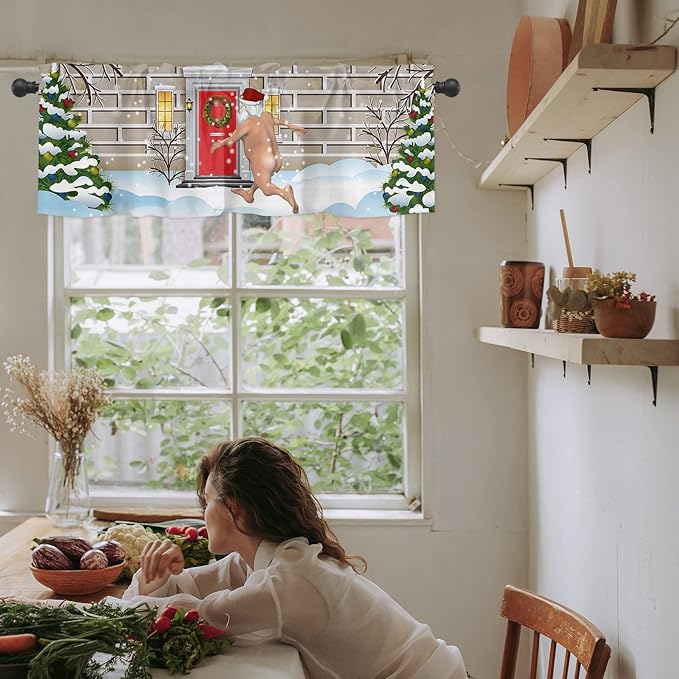 Christmas Farmhouse Kitchen Curtains Valances for Windows Funny Santa Claus Rod Pocket Window Treatment for Kitchen/Living Room/Bedroom/Bathroom,42" X 18" -1 Panel, Holly Xmas Tree
