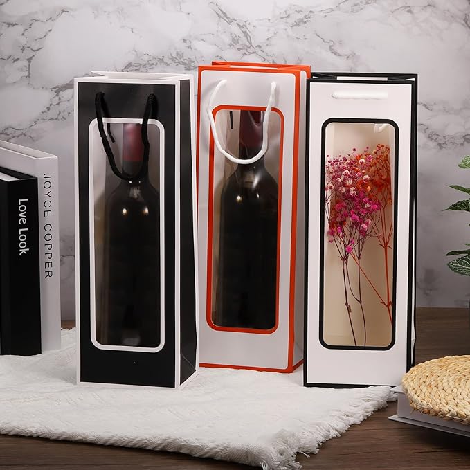 uxcell Wine Bags, 12pcs 4.92"x3.35"x14.2" Wine Gift Bags with Rope Handles, Paper Wine Tote Bag with Clear Window for Wedding Birthday Christmas Party Supplies, Pink