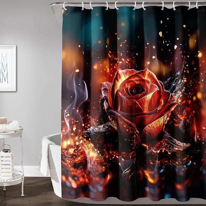 AILONEN 3D Rose Shower Curtain for Bathroom, Romantic Flame Smoky Rose Flower Bath Curtain,Burning Rose Shower Curtain Decoration Waterproof with 12 Plastic Hooks, 72" W*72" H