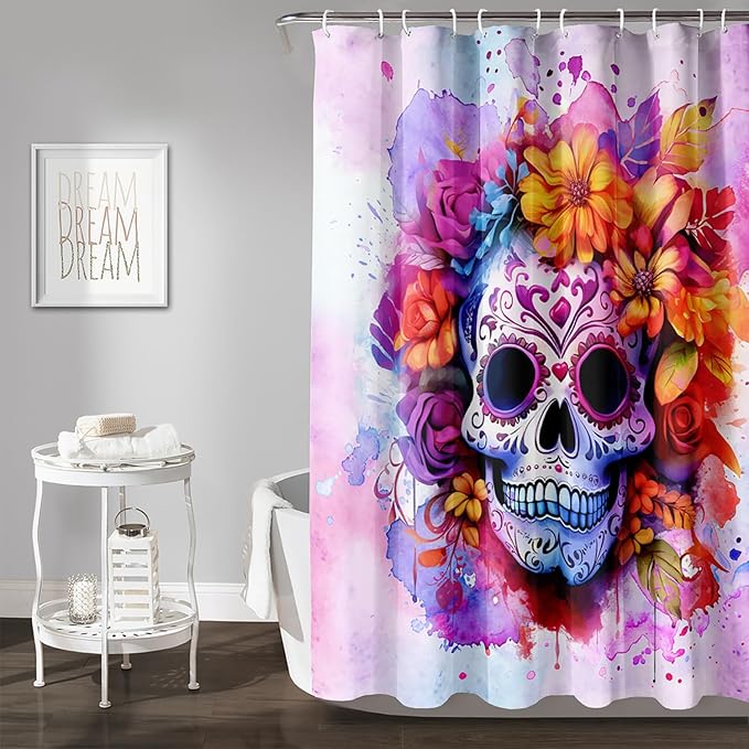 AILONEN Sugar Skull Shower Curtain for Bathroom,Pink Purple Graffiti Flower Art Bathroom Curtain for Kids Girls Teen,Bath Curtain 72" W*72" H Polyester Waterproof Bathroom Curtain with 12 Hooks