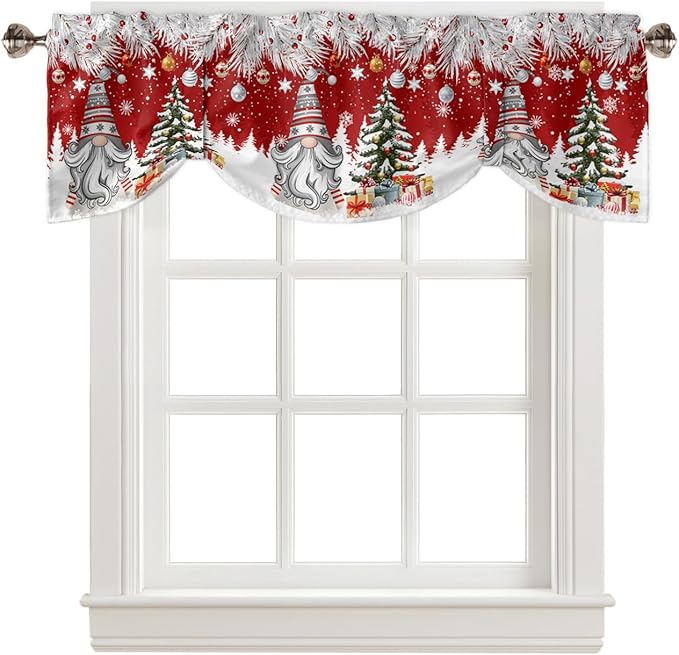Christmas Gnome Blackout Tie Up Valance Curtains for Kitchen Windows Winter Merry Christmas Tree Balls Window Toppers Balloon Shades for Living Room/Bathroom/Bedroom,1 Panel, 42" X 12", Red