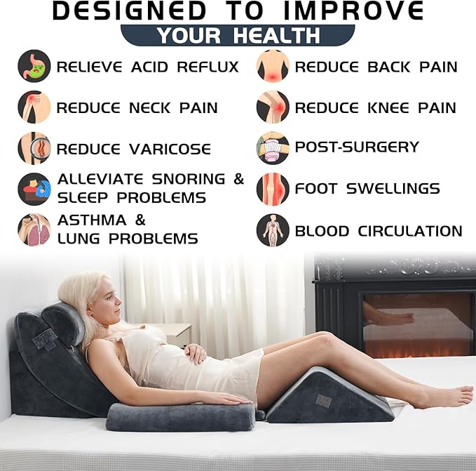 Qirroboni 6PCS Orthopedic Bed Wedge Pillow Set, Adjustable Pillows for Neck Back and Leg Pain Relief Comfortable & Post Surgery Foam- Heartburn Anti Snoring Acid Reflux & GERD Sleeping Charcoal Grey