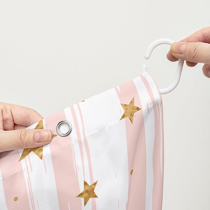 AILONEN Stars Shower Curtain, Pink Striped and Gold Stars Waterproof Shower Curtain,Simple Vintage Style Shower Curtain Liner for Girls Women Adults,72" W*84" H