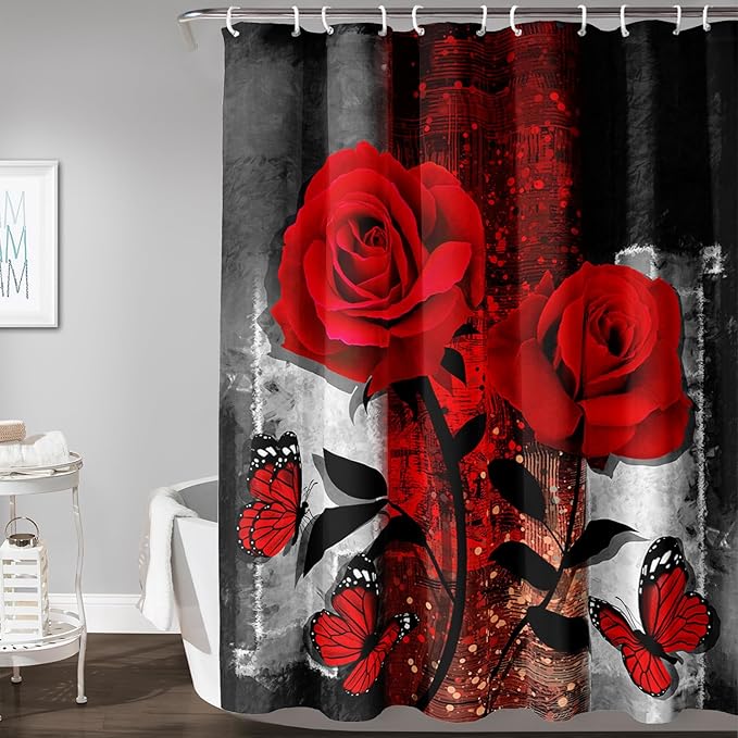 AILONEN Red Rose Shower Curtain for Bathroom, Romantic Rose Flower Bath Curtain,Grey Abstract Waterproof Floral Butterfly Print Shower Curtain Decoration with 12 Plastic Hooks, 72" W*84" H
