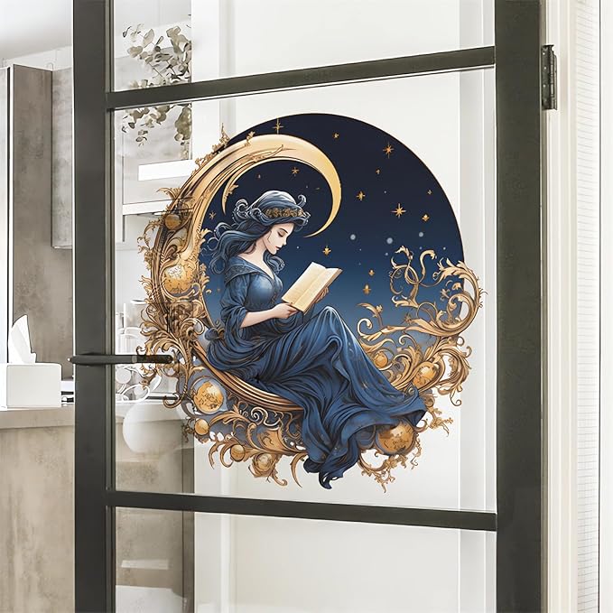Gorgeous Moon Star Blue Girl Wall Stickers, sacinora Reading Book Middle Eastern Style Art Wall Decals Removable Vinyl Peel and Stick for Kids Baby Nursery Study Room Living Room Bedroom Decorations