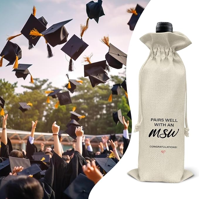 HOIJAUMAI MSW Degree Graduation Gifts MSW Graduation Gift Graduation Wine Bag Pairs Well with an MSW Wine Gift Bags for Women Men
