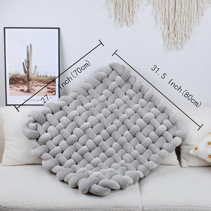 XHJRI Thickened Braided Knot Seat Mat, Knotted Floor Decorative Cushion, Handmade Baby Infant Playing Pad Nursery Rug (27.5 * 31.5 Inch,Grey)