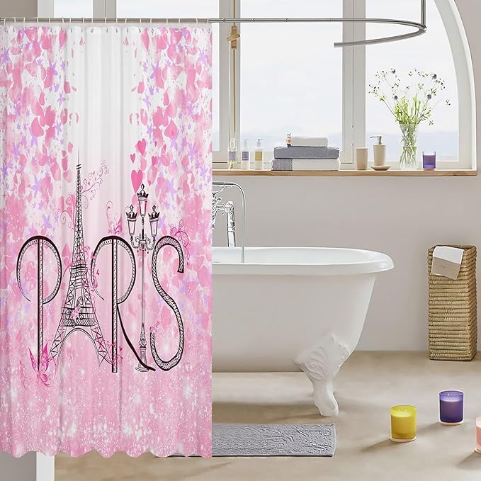 Feelyou Eiffel Tower Shower Curtain 72"x78" Kids Romantic Paris Bathroom Shower Curtain Set for Boys Girls Teens Pink Butterfly Bath Curtain Modern French Botanical Floral Print Bathroom Accessories